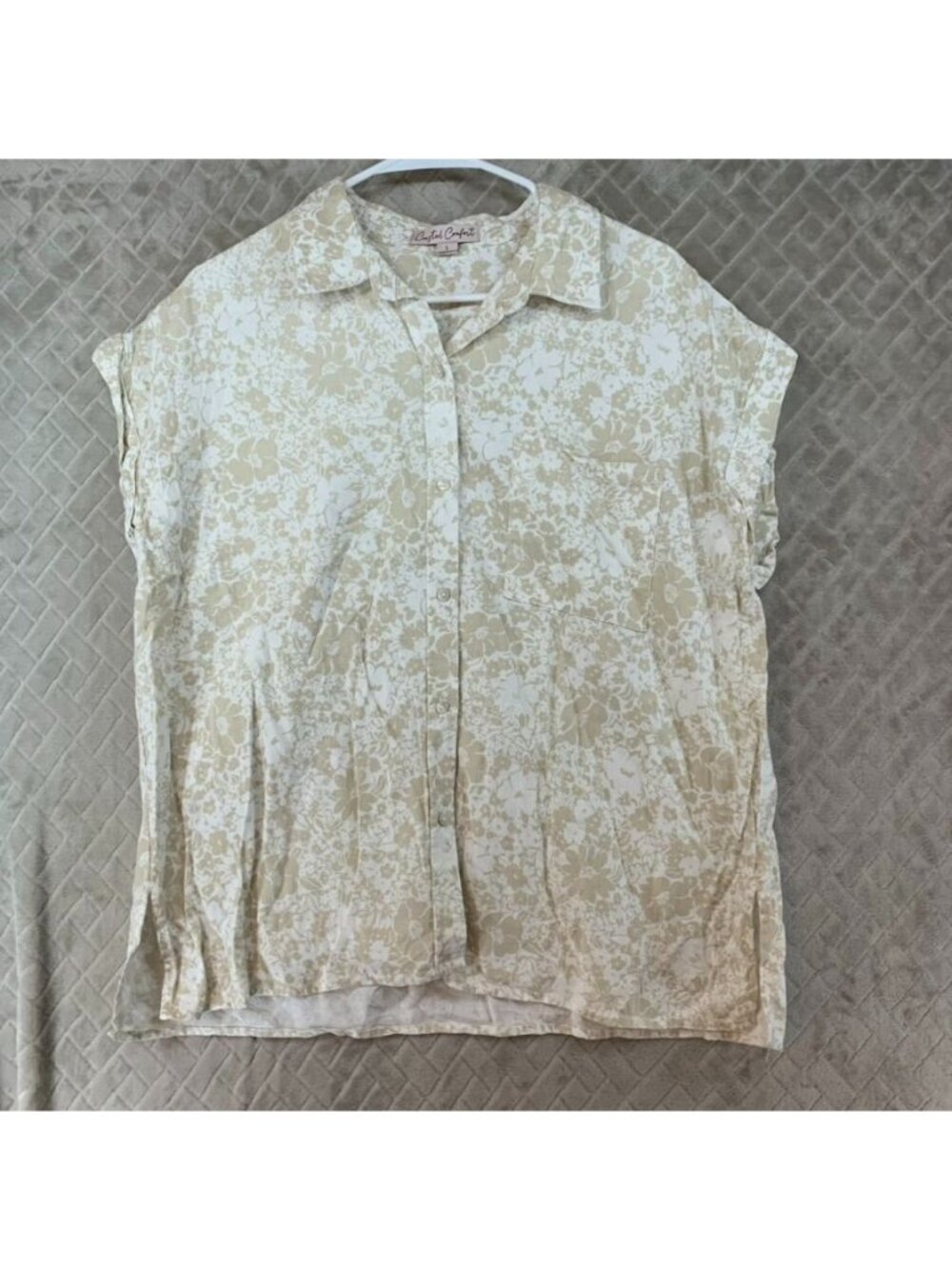 Coastal Comfort Shirt Womens L Beige Floral Linen Blend Boxy Relaxed Button-Up